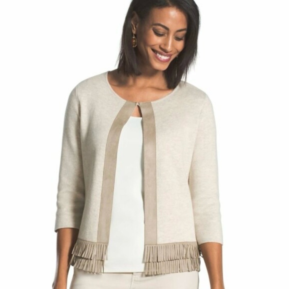 Chico’s Faux Suede Fringe‎ Cardigan Sweater Jacket SZ XL 16/18 Oatmeal Heather